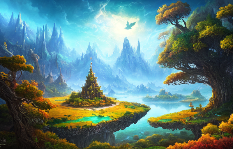 A mystical and epic landscape, featuring a fantastical and surreal world of floating islands, giant trees, and mythical cr...